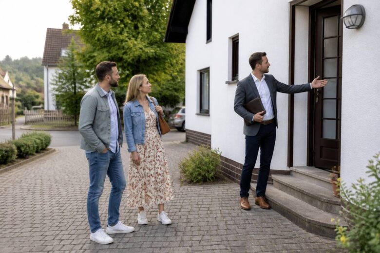Stel bezichtigt een woning in Duitsland met een makelaar