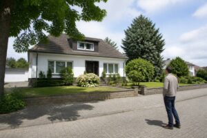 Vrijstaande woning in een rustige Duitse woonstraat tijdens een bezichtiging