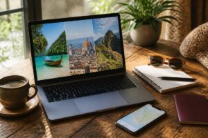 Vakantie vergelijken op een laptop met reisnotities en paspoort op tafel