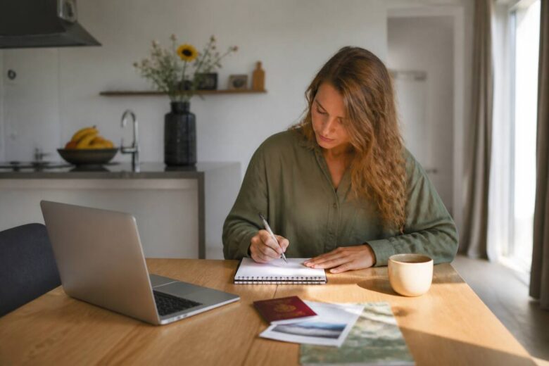 Vakantieplanning aan tafel met laptop, notitieboek en paspoort