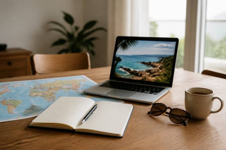 Vakantieplanning met notitieboek, kaart en laptop op tafel