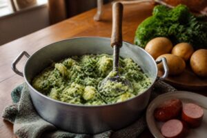 Pan huisgemaakte stamppot met stamper en verse ingrediënten op tafel