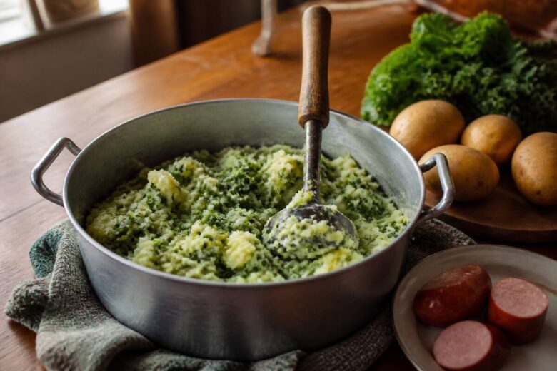 Pan huisgemaakte stamppot met stamper en verse ingrediƫnten op tafel