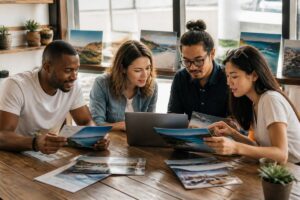 Een groep die in een café vakantie-opties vergelijkt op laptop en papieren reisbrochures