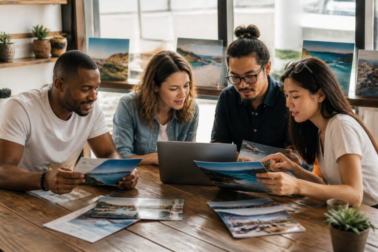 Een groep die in een café vakantie-opties vergelijkt op laptop en papieren reisbrochures
