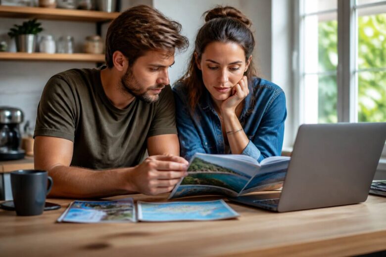 Reizen vergelijken op een laptop met reisgidsen en koffie op tafel