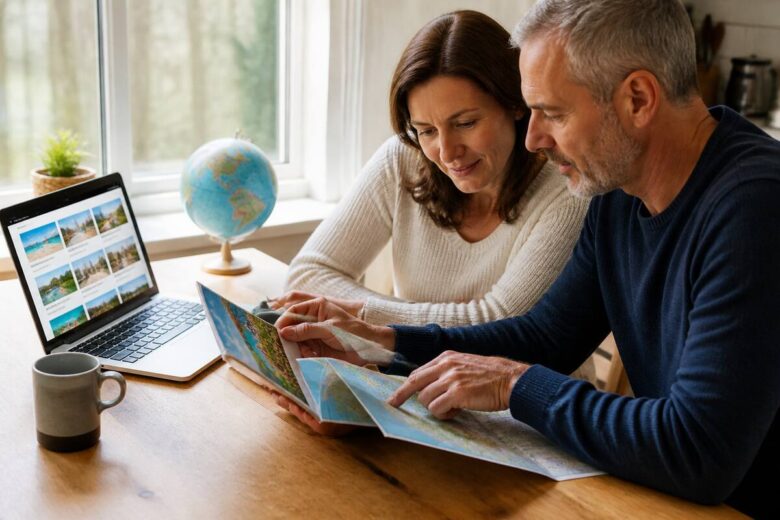 Vakanties vergelijken met een kaart en reisbrochure aan tafel