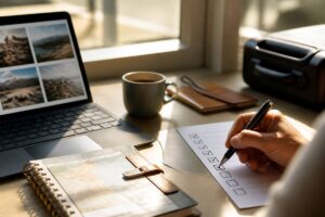 Checklist voor het vergelijken van vakanties op een bureau met tablet en notitieboekje