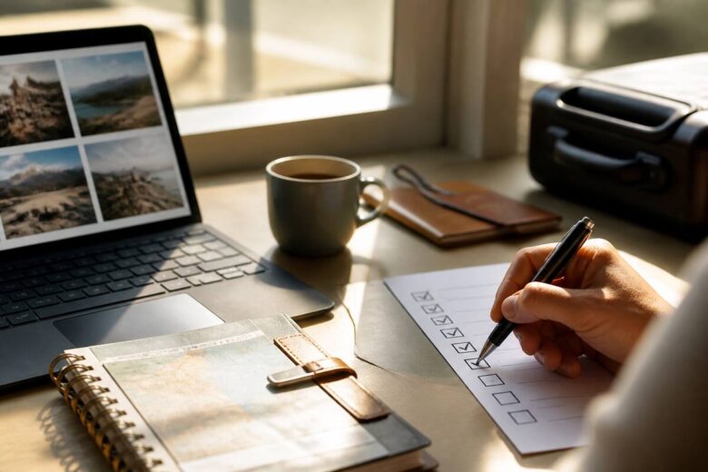 Checklist voor het vergelijken van vakanties op een bureau met tablet en notitieboekje