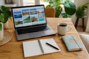 Checklist en laptop op een bureau tijdens het plannen van een vakantie