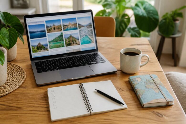 Checklist en laptop op een bureau tijdens het plannen van een vakantie