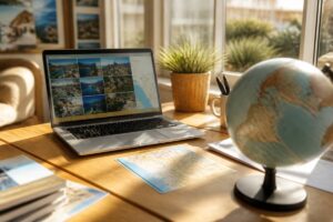 Thuis vakantie vergelijken op een laptop met routekaartjes op tafel