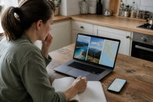 Iemand vergelijkt vakanties op een laptop met een notitieboekje en reisdetails