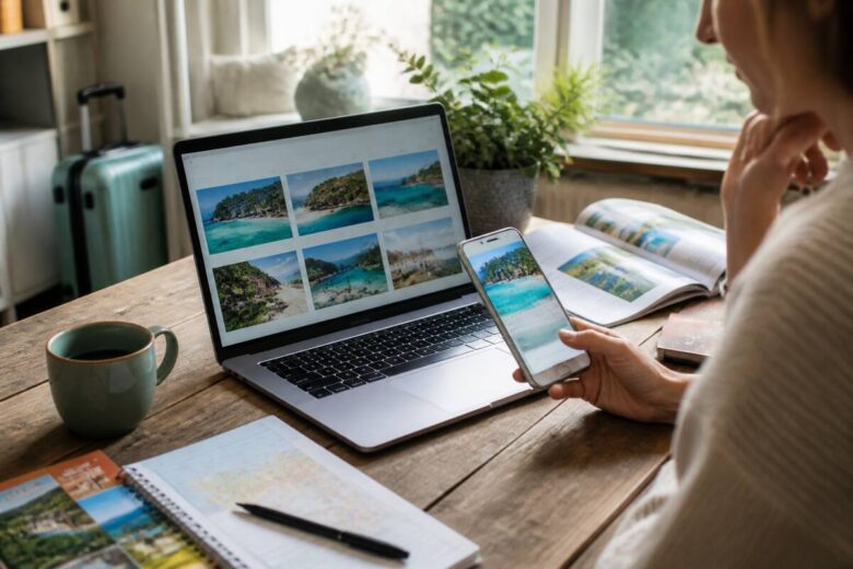 Iemand vergelijkt reisopties op laptop en telefoon tijdens het plannen van een vakantie