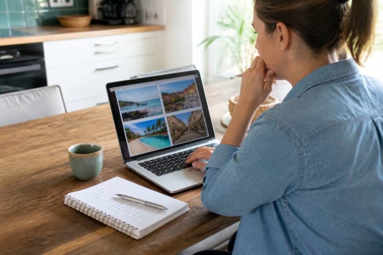 Persoon maakt een checklist tijdens het vergelijken van reisopties op een laptop