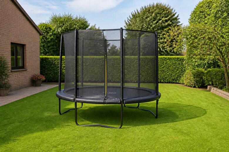 Trampoline in een tuin met voldoende vrije ruimte en randkussen, geschikt als illustratie bij koopadvies voor beginners