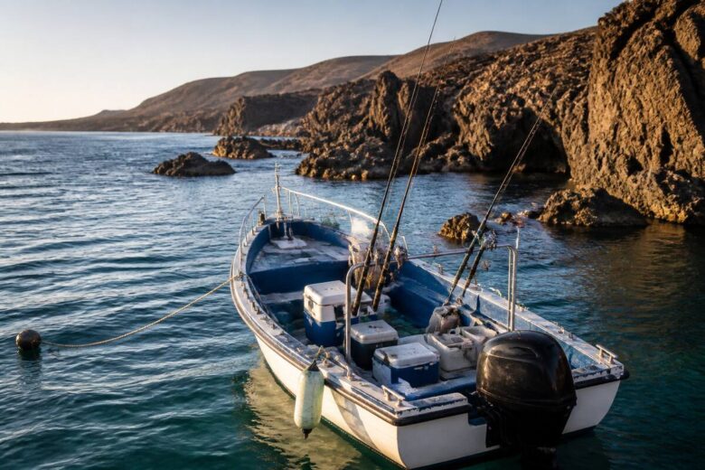Een vissersboot bij de rotsige kust van Lanzarote met zeewater en visuitrusting op de voorgrond