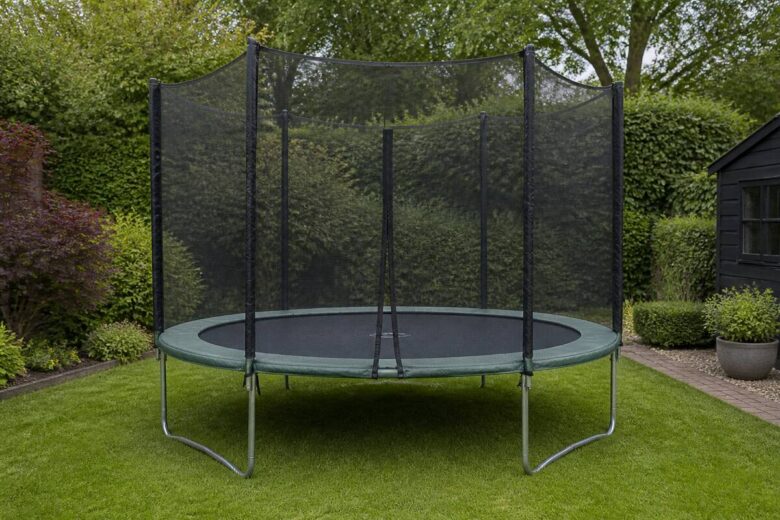 Trampoline in een tuin met veiligheidsnet en randkussen op een vlakke ondergrond